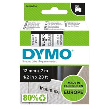 Foto: Dymo D1 Schriftband 12 mm x 7 m schwarz auf transparent    45010