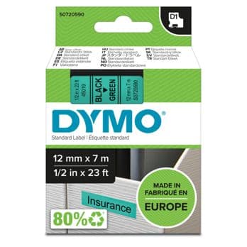 Foto: Dymo D1 Schriftband 12 mm x 7 m schwarz auf grün           45019