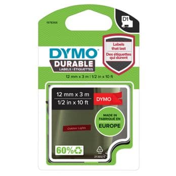 Foto: Dymo D1 Vinylband High Perf. 12 mm x 3 m weiß auf rot