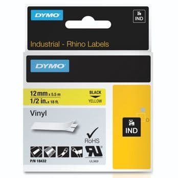 Foto: Dymo Rhino Band IND, Vinyl 12 mm x 5,5 m schwarz auf gelb