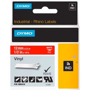 Foto: Dymo Rhino Band IND, Vinyl 12 mm x 5,5 m weiß auf rot