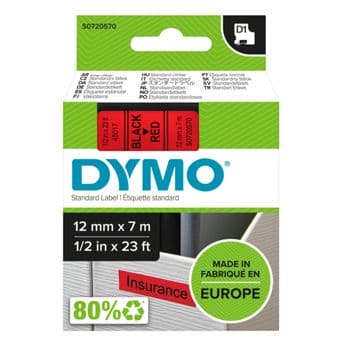 Foto: Dymo D1 Schriftband 12 mm x 7 m schwarz auf rot            45017