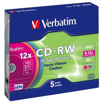Foto: 1x5 Verbatim CD-RW 80 / 700MB 10x Speed, Colour, Slim